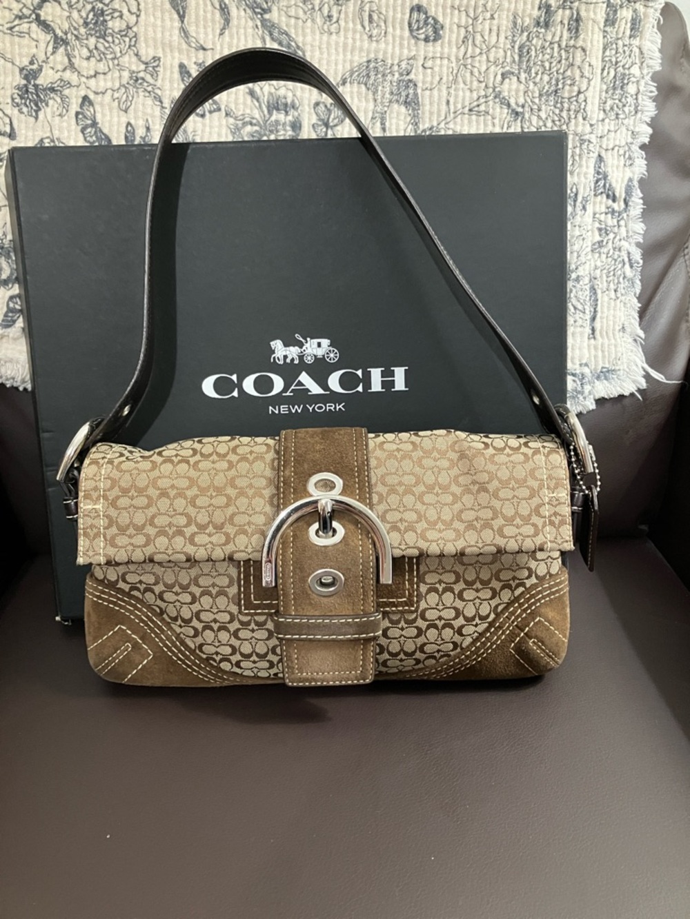 Coach MINI 3628 Soho Brown Signature Canvas Shoulder Bag with Leather Trim